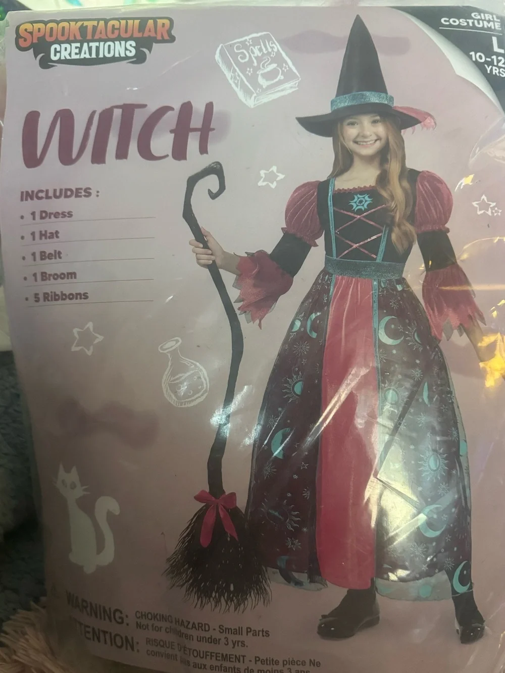 Girls' Pink and Black Complete Witch Costume BRAND NEW Size Large 10-12 Years
